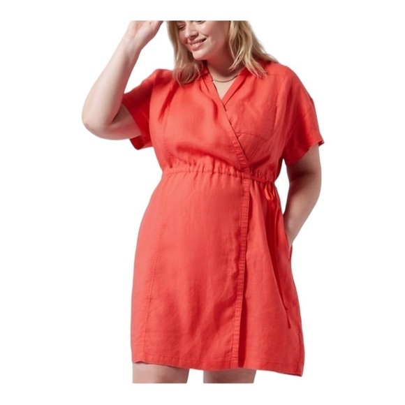 ATHLETA Playa Linen Short Sleeve Tie Waist Mini Wrap Dress Coral Size 10 - Picture 4 of 8